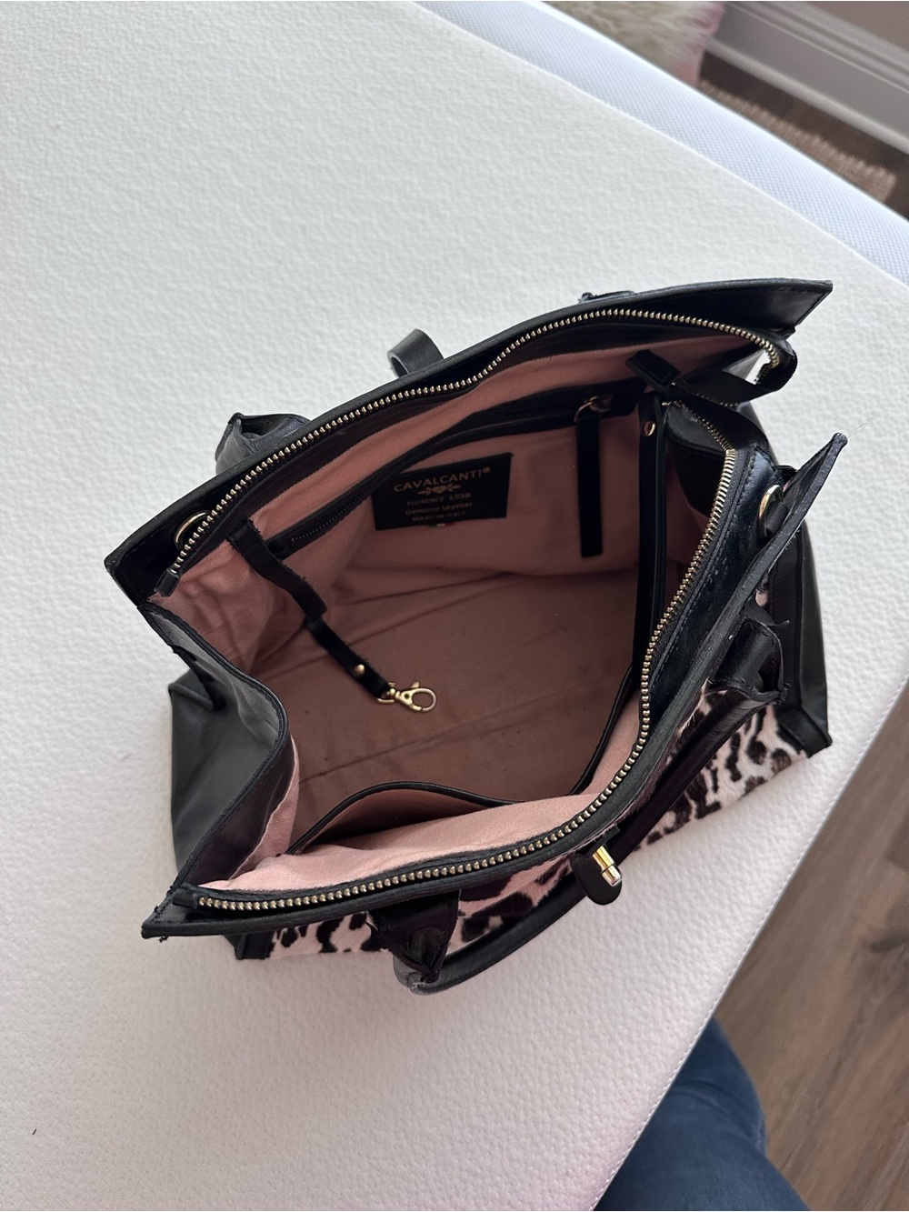 Cavalcanti Black Shoulder Bag with Pink Interior and Leopard Accent